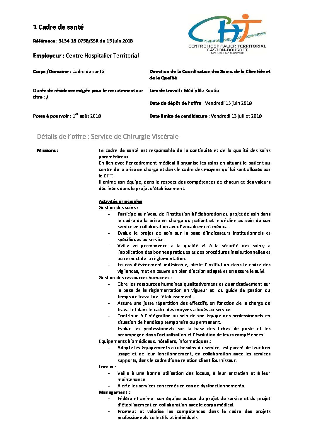 1 Cadre De Sante Centre Hospitalier Territorial Gaston Bourret